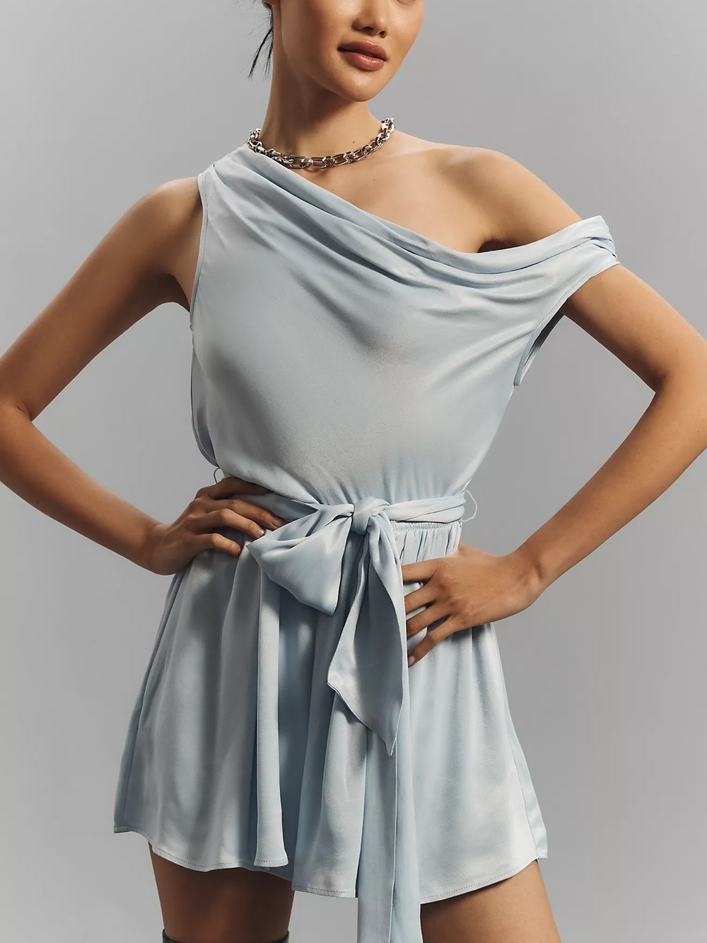 Maeve Off-The-Shoulder Draped Belted Satin Romper